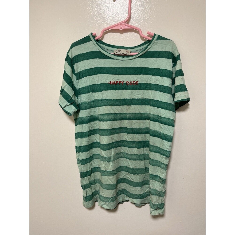 Boys Zara Shirt Green Summer Spring Short Sleeve Stripes 7y